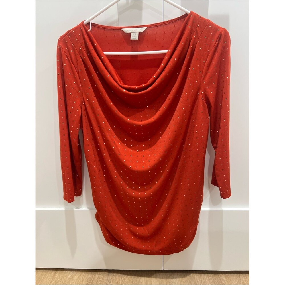 Vintage Laura Ashley Deep Orange Draped Cowl Neck Top with Metallic Dots